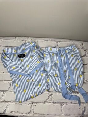 Kate Spade Blue and White Striped Lemon Two Piece Summer Pajama Set